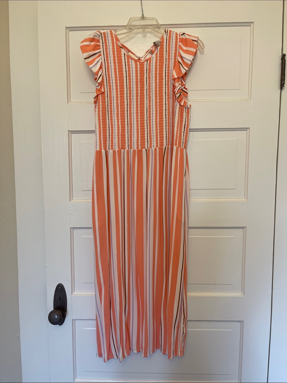 a new day Orange and White Striped Maxi Dress with Ruffle Sleeves Keyhole Size L